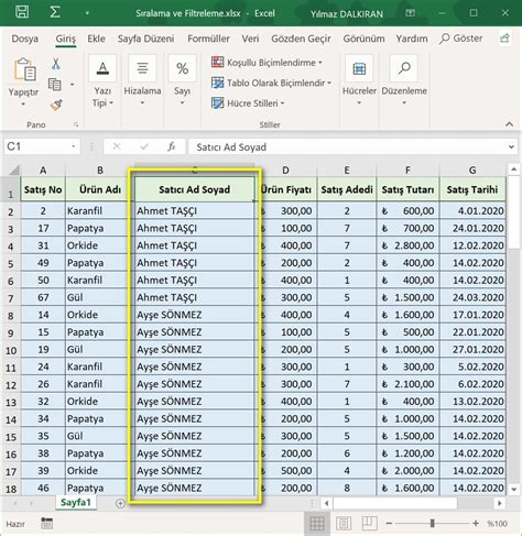 Excel de isimleri alfabetik sıralama
